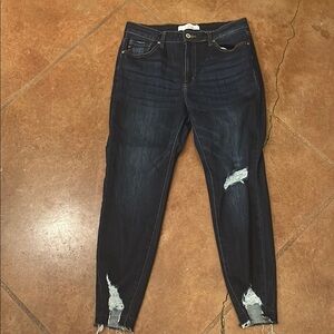 KanCan Blue Ankle Cropped Jeans with Distressed Details